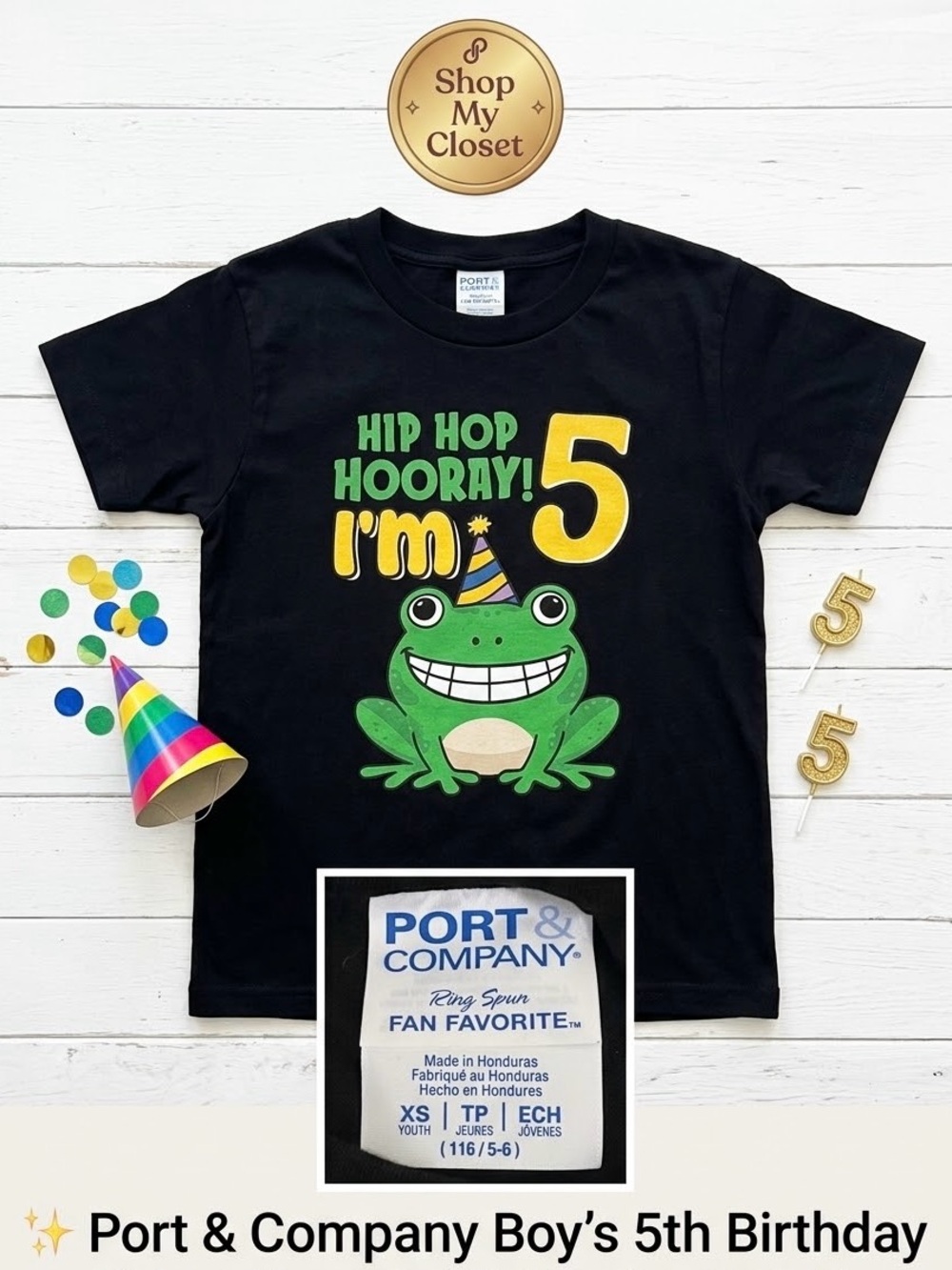 Port and Company Black Kids' 'Hip Hop Hooray! I'm 5' Frog Birthday Tee